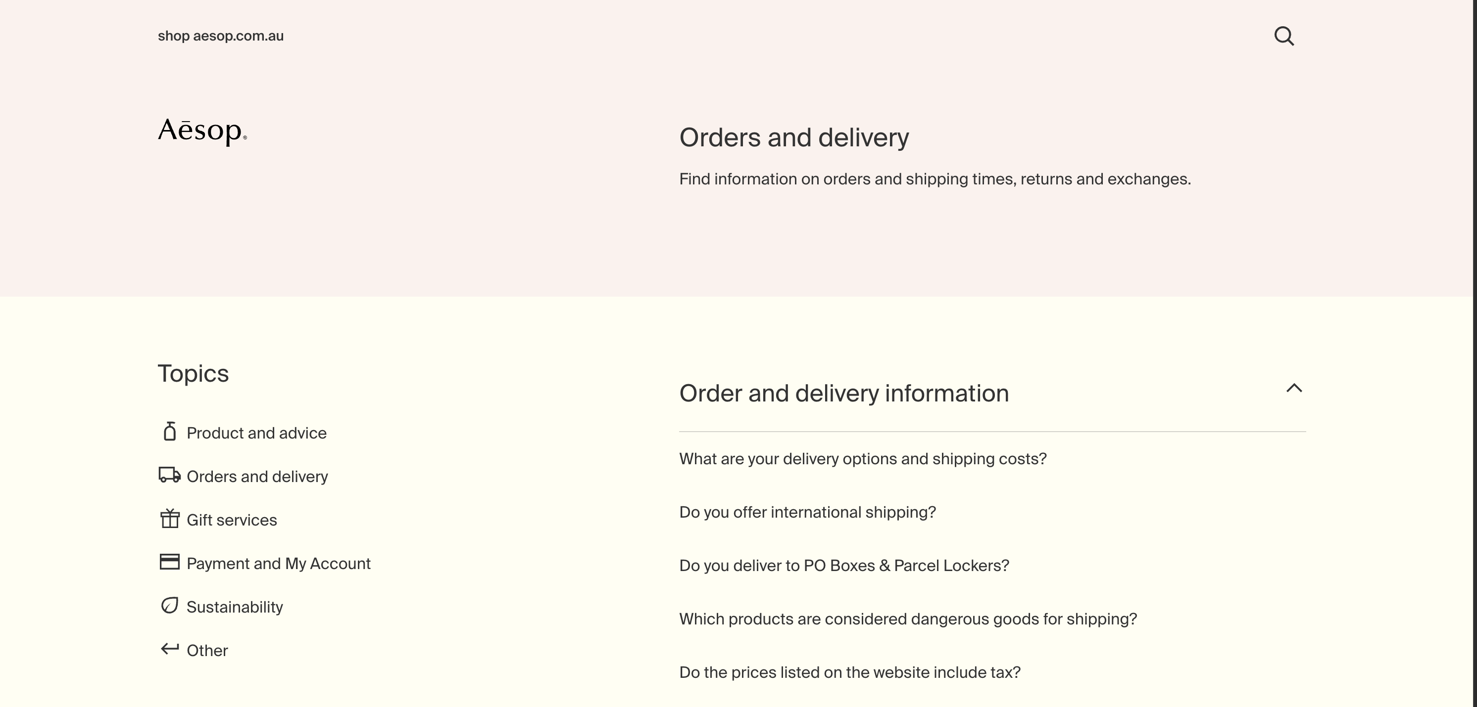 Aesop 'Orders and delivery' category page with pink header and expandable FAQ accordion alongside the persistent topic navigation sidebar