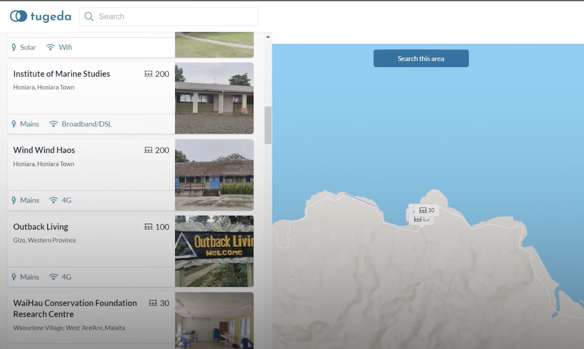 Tugeda web app split-pane search results: building cards with photos, capacity, and amenity badges on the left, interactive map of the Solomon Islands on the right
